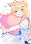  1girl :o ahoge animal_ear_fluff animal_ears bare_shoulders bell black_footwear blonde_hair blue_dress blue_eyes blue_hairband blush choker commission dress frills hair_ornament hairband hairclip heart heart-shaped_pillow highres hugging_object indie_virtual_youtuber jingle_bell komomo_(2899) long_hair looking_at_viewer off-shoulder_dress off_shoulder parted_lips pillow pillow_hug shoes signature simple_background sitting skeb_commission solo tail thigh-highs tsukino_shimo very_long_hair wariza white_background white_dress white_thighhighs wrist_cuffs 