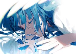  1girl ado_(utaite) akuru-chan_(ado) blue_hair broken_glass closed_mouth crying eien_no_akuru_hi glass glass_shards highres kazari_tayu reflection solo tears 