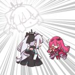  2girls baobhan_sith_(fate) baobhan_sith_(first_ascension)_(fate) black_dress blush boots bouquet chibi closed_eyes dress emphasis_lines fate/grand_order fate_(series) frilled_dress frills full_body hair_ornament hair_ribbon highres holding holding_bouquet morgan_le_fay_(fate) mother_and_daughter multiple_girls pink_dress pink_hair ponytail ribbon shigure_(ffrh7824) sidelocks thigh_boots white_background white_hair 