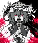  1girl breasts ch00suke covered_mouth epaulettes flower frilled_hat frills greyscale hat hat_ribbon highres holding_rod limited_palette long_sleeves looking_at_viewer medium_breasts medium_hair monochrome red_eyes red_flower ribbon rod_of_remorse shiki_eiki solo spider_lily touhou upper_body vest wide_sleeves 