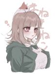  1girl absurdres animal_on_head black_jacket blunt_bangs blush breasts brown_hair cat cat_on_head cropped_torso danganronpa_(series) danganronpa_2:_goodbye_despair grey_shirt highres hood hood_down jacket large_breasts medium_hair mi_loveyouuu nanami_chiaki no_hair_ornament on_head open_clothes open_jacket pink_eyes shirt sleeves_past_wrists translation_request upper_body 