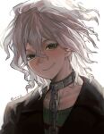  1boy absurdres black_jacket brown_eyes chain closed_mouth collar collarbone danganronpa_(series) danganronpa_another_episode:_ultra_despair_girls grey_hair hair_between_eyes highres jacket komaeda_nagito male_focus messy_hair metal_collar servant_(danganronpa) simple_background smile solo white_background zunzhiyu 