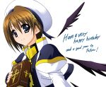  1girl absurdres black_wings blue_eyes book brown_hair closed_mouth commentary english_commentary english_text hair_ornament happy_birthday hat higa_yukari highres jacket looking_at_viewer lyrical_nanoha magical_girl mahou_shoujo_lyrical_nanoha short_hair smile solo tome_of_the_night_sky white_hat white_jacket wings x_hair_ornament yagami_hayate 