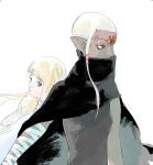  2girls black_cloak blonde_hair blue_eyes cloak covering_own_mouth facial_mark forehead_mark hair_tubes highres impa long_hair looking_afar looking_to_the_side multiple_girls pointy_ears princess_zelda puppie630 short_hair_with_long_locks simple_background single_sidelock the_legend_of_zelda the_legend_of_zelda:_skyward_sword toned_female white_background 
