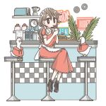  1girl bird brown_hair cup diner drinking_straw goose headphones highres holding holding_cup long_hair maid maid_headdress original roller_skates sitting skates solo stool tameikirakuda 