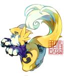  animal_ears animal_nose artist_logo black_claws black_sclera body_fur claws colored_sclera detached_sleeves digimon digimon_(creature) fewer_digits fox_ears fox_tail full_body furry furry_female highres neck_fur purple_sleeves renamon simple_background snout solo tail thick_thighs thighs two-tone_fur white_background white_fur yellow_fur yin_yang youzaiyouzai112 