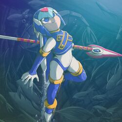 1girl air_bubble armor blue_armor blue_eyes blue_helmet bubble dashing english_commentary fairy_leviathan_(mega_man) fish forehead_jewel full_body helmet highres holding holding_polearm holding_weapon looking_up mega_man_(series) mega_man_zero_(series) polearm robot_girl smile souldroids spear underwater weapon 