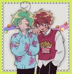  2boys :d blue_sweater blush_stickers border cheek_rest cowboy_shot dot_nose ensemble_stars! finger_to_cheek green_border half-closed_eyes halftone_texture hand_on_another&#039;s_shoulder hand_rest hand_up highres long_sleeves male_focus mochi_eoh morisawa_chiaki multiple_boys no_pupils one_eye_closed open_mouth shinkai_kanata shirt side-by-side single_blush_sticker sketch sleeves_past_wrists smile standing sweater sweater_vest turtleneck untucked_shirt 