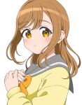  1girl blush bow bowtie brown_hair cardigan closed_mouth commentary_request expressionless from_side grey_sailor_collar hands_on_own_chest highres jenny_(je2live) kunikida_hanamaru long_hair long_sleeves looking_at_viewer love_live! love_live!_sunshine!! orange_bow orange_bowtie own_hands_together partial_commentary sailor_collar school_uniform serafuku sidelocks simple_background solo swept_bangs upper_body uranohoshi_school_uniform white_background winter_uniform yellow_cardigan yellow_eyes 