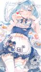  1girl 247_(nsn_na7) :3 :q absurdres apron bed bed_sheet blue_choker blue_dress blue_eyes blue_hair blue_nails cake cake_slice candy checkerboard_cookie choker cookie dress faruzan_(cafe)_(genshin_impact) faruzan_(genshin_impact) food food_on_face frilled_apron frilled_sleeves frilled_thighhighs frills fruit garter_straps genshin_impact green_nails hair_ornament hand_on_own_cheek hand_on_own_face highres holding holding_cake holding_food jelly_bean lollipop long_hair lying macaron maid maid_day maid_headdress multicolored_nails official_alternate_costume on_back on_bed petticoat pillow pinafore_dress puffy_short_sleeves puffy_sleeves short_sleeves single_garter_strap sleeveless sleeveless_dress solo spoon strawberry strawberry_cake sweets swirl_lollipop thigh-highs thumbprint_cookie tongue tongue_out twintails waist_apron white_apron white_thighhighs wrist_cuffs x_hair_ornament 