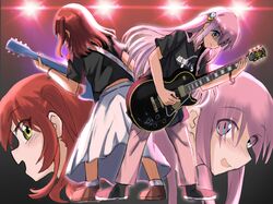  2girls black_shirt blue_eyes bocchi_the_rock! cube_hair_ornament green_eyes guitar hair_ornament highres holding holding_guitar holding_instrument instrument kita_ikuyo long_hair medium_hair midriff_peek multiple_girls multiple_views music one_side_up panties pink_hair pink_panties playing_instrument redhead ryuhirohumi shirt short_sleeves standing t-shirt underwear yamada_ryo zoom_layer 