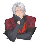  1boy bishounen black_gloves blue_eyes clasp closed_mouth coat dante_(devil_may_cry) devil_may_cry_(series) devil_may_cry_1 gloves hair_over_one_eye hand_on_own_face highres holding looking_at_viewer male_focus red_coat simple_background smile solo white_hair 