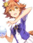  +_+ 1girl animal_ears bow clover_hair_ornament commentary_request daruma_doll ear_covers flipped_hair hair_between_eyes hair_ornament holding_orb horse_ears horse_girl horse_tail looking_at_viewer matikanefukukitaru_(umamusume) open_mouth orange_eyes orange_hair orb puffy_short_sleeves puffy_sleeves purple_bow purple_shirt school_uniform shirt short_hair short_sleeves simple_background single_ear_cover skirt smile solo summer_uniform tail tracen_school_uniform umamusume upper_body white_background yrsknish 