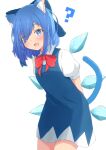  1girl ? animal_ear_fluff animal_ears arms_behind_back blue_bow blue_dress blue_eyes blue_hair blush bow bowtie cat_ears cat_tail cirno collared_shirt commentary_request cowboy_shot dress fang from_side hair_bow hair_over_one_eye highres ice ice_wings leaning_forward long_hair looking_at_viewer mizune_(winter) open_mouth pinafore_dress puffy_short_sleeves puffy_sleeves red_bow red_bowtie shirt short_sleeves simple_background sleeveless sleeveless_dress solo tail touhou white_background white_shirt wings 
