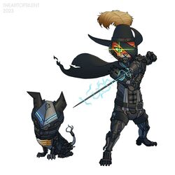  1boy armor black_armor black_blindfold black_cape black_hat bladewolf bladewolf_(cosplay) blindfold cape cat_boy cavalier_hat cosplay cyborg dog electricity foil_(fencing) full_body furry furry_male green_eyes hat highres holding holding_sword holding_weapon looking_at_viewer male_focus metal_gear_(series) metal_gear_rising:_revengeance perrito_(puss_in_boots) plume puss_in_boots puss_in_boots:_the_last_wish puss_in_boots_(shrek) raiden_(metal_gear) raiden_(metal_gear)_(cosplay) simple_background solo standing sword theartofsilent torn_cape torn_clothes weapon white_background 