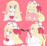  76gpo blonde_hair blue_eyes bow capelet dress fairy fairy_wings hat hat_bow lily_white one-hour_drawing_challenge open_mouth petals red_background touhou upper_body white_capelet white_dress white_hat wings 
