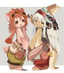  1girl 1other androgynous animal_ears body_fur border brown_fur claws colored_eyelashes furry furry_female goggles goggles_on_head green_pants grey_background hat highres holding_hands horns jitome long_hair looking_at_viewer made_in_abyss mitty_(made_in_abyss)_(furry) multiple_views nanachi_(made_in_abyss) open_mouth pants pink_fur pouch puffy_pants rabbit_ears red_eyes red_hat red_pants redhead short_hair sidelocks smile standing tail triangle_mouth uis0 upper_body whiskers white_border white_hair 