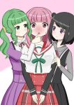  3girls absurdres black_hair blunt_bangs blush dot_nose double_bun futaba_sana girl_sandwich green_hair hair_bun hand_on_another&#039;s_chin highres kamihama_university_affiliated_school_uniform kuroe_(madoka_magica) magia_record:_mahou_shoujo_madoka_magica_gaiden mahou_shoujo_madoka_magica mizuna_girls&#039;_academy_school_uniform multiple_girls pink_eyes pink_hair sandwiched school_uniform takarazaki_school_uniform tamaki_iroha wavy_hair wek92 yuri 