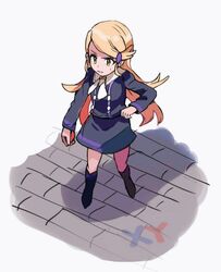  1girl ace_trainer_(pokemon) ascot black_footwear black_shirt black_skirt blonde_hair boots copyright_name from_above full_body hair_ornament highres holding holding_poke_ball knee_boots legs_apart long_hair long_sleeves miniskirt orange_eyes poke_ball poke_ball_(basic) pokemon pokemon_xy shadow shichibee_(stm_mimi) shirt simple_background skirt solo standing v-shaped_eyebrows white_ascot white_background 