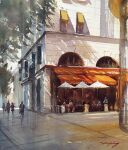  6+others arch building day fence multiple_others nara_watercolor original outdoors painting_(medium) restaurant road scenery street traditional_media umbrella_stand watercolor_(medium) 