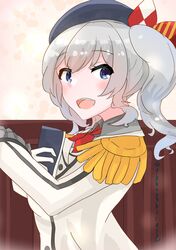  1girl absurdres blue_eyes book coic_hakushaku commentary_request epaulettes grey_hair highres jacket kantai_collection kashima_(kancolle) long_hair looking_at_viewer military_jacket military_uniform neckerchief one-hour_drawing_challenge open_mouth red_neckerchief smile solo twintails uniform upper_body wavy_hair 