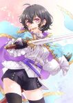  1girl ahoge alternate_costume black_hair cape ebi_puri_(ebi-ebi) fire_emblem fire_emblem_awakening fire_emblem_heroes gloves hood hooded_cape morgan_(female)_(fire_emblem) morgan_(fire_emblem) robin_(male)_(exalt&#039;s_deliverer)_(fire_emblem) shorts solo_focus sword thigh-highs violet_eyes weapon 