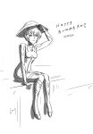  1girl adjusting_clothes adjusting_headwear arm_support ayanami_rei bodysuit dated evangelion:_3.0+1.0_thrice_upon_a_time greyscale hat highres looking_afar monochrome neon_genesis_evangelion pilot_suit plugsuit rebuild_of_evangelion rice_hat short_hair solo straw_hat zero_ordered1 