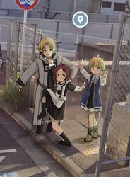  1boy 2girls ahoge aisha_greyrat apron ascot blonde_hair brother_and_sister chain-link_fence chocomi6517 cloak clothes_grab double_v eyebrows_hidden_by_hair family fence google_maps google_street_view green_cloak green_eyes grey_robe half-siblings high_school_girls_posing_for_google_street_view_(meme) highres long_bangs looking_at_viewer maid maid_apron meme multiple_girls mushoku_tensei norn_greyrat overhead_line photo_background posing raised_curb redhead road_sign robe rudeus_greyrat siblings sidewalk sign sisters smile socks standing standing_on_one_leg v waist_ribbon white_apron white_ascot white_socks 