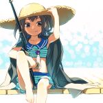  1girl abstract_background alternate_costume arm_up barefoot bikini black_coat black_hair blue_background blue_bikini brown_eyes closed_mouth coat collarbone commentary_request dock fishing_rod foot_out_of_frame gem hat highres holding holding_fishing_rod jewelry kazayama_kizuna leg_up long_hair looking_at_viewer minami_seira navel necklace purple_gemstone sidelocks sitting smile solo stomach straw_hat striped_bikini striped_clothes sun_hat swimsuit tate_no_yuusha_no_nariagari white_background 