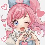  1girl amazakura blue_eyes blush bow hair_bow heart heart_hands kiratto_pri_chan long_hair looking_at_viewer momoyama_mirai one_eye_closed open_mouth pink_hair pretty_series smile solo 