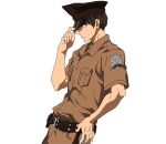  1boy animated animated_gif belt breast_pocket brown_hair commentary cowboy_shot dancing english_commentary eren_yeager green_eyes hand_on_headwear hat kokonoehhh male_focus meme pocket police police_hat police_uniform rin_stripper_dance_(meme) shingeki_no_kyojin solo third-party_source transparent_background uniform visor_cap 