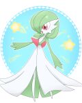  1girl absurdres arm_up artist_name blue_background bob_cut colored_skin commentary_request flat_chest full_body gardevoir green_hair green_skin hair_over_one_eye happy highres meru_(mer_milky77) multicolored_skin one_eye_covered open_mouth outline partial_commentary pokemon pokemon_(creature) red_eyes short_hair signature smile solo standing star_(symbol) twitter_username two-tone_skin white_outline white_skin 