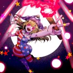 1girl :d american_flag american_flag_dress american_flag_legwear american_flag_print blonde_hair breasts clownpiece commentary_request danmaku dress fairy_wings flag_print from_above full_body hat highres jester_cap laser looking_at_viewer neck_ruff open_mouth pantyhose polka_dot polka_dot_headwear pom_pom_(clothes) purple_hat short_sleeves small_breasts smile solo star_(symbol) star_print striped_clothes striped_dress striped_pantyhose teeth torch touhou upper_teeth_only v violet_eyes wings 