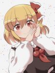  1girl blonde_hair bow brown_eyes hair_bow highres long_sleeves looking_at_viewer medium_hair neckerchief own_hands_together rokugou_daisuke rumia smile solo touhou 
