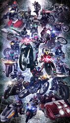 6+boys absurdres armor belt black_armor black_bodysuit black_gloves blue_eyes bodysuit boots car compound_eyes driving everyone full_armor full_body gloves glowing glowing_eyes gold_armor green_eyes helmet highres holding holding_weapon hood hooded_jacket horns jacket kamen_rider kamen_rider_555 kamen_rider_agito kamen_rider_agito_(series) kamen_rider_blade kamen_rider_blade_(series) kamen_rider_build kamen_rider_build_(series) kamen_rider_dcd kamen_rider_decade kamen_rider_den-o kamen_rider_den-o_(series) kamen_rider_double kamen_rider_drive kamen_rider_drive_(series) kamen_rider_ex-aid kamen_rider_ex-aid_(series) kamen_rider_faiz kamen_rider_fourze kamen_rider_fourze_(series) kamen_rider_gaim kamen_rider_gaim_(series) kamen_rider_geiz kamen_rider_ghost kamen_rider_ghost_(series) kamen_rider_hibiki kamen_rider_hibiki_(series) kamen_rider_kabuto kamen_rider_kabuto_(series) kamen_rider_kiva kamen_rider_kiva_(series) kamen_rider_kuuga kamen_rider_kuuga_(series) kamen_rider_ooo kamen_rider_ooo_(series) kamen_rider_ryuki kamen_rider_ryuki_(series) kamen_rider_w kamen_rider_wizard kamen_rider_wizard_(series) kamen_rider_zi-o kamen_rider_zi-o_(series) looking_at_viewer male_focus masukudo_(hamamoto_hikaru) motor_vehicle motorcycle multiple_boys on_motorcycle red_armor red_eyes rider_belt scarf shoulder_armor tailcoat tokusatsu weapon yellow_eyes 