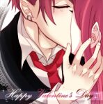  1boy 1girl blush collared_shirt commentary_request earrings fingernails hand_in_another&#039;s_hair happy_valentine hetero jewelry kiss lanmei_jiang long_hair lowres ming_wei_aiqing_de_chibang multiple_earrings necktie pink_hair red_necktie redhead shirt short_hair upper_body white_shirt 