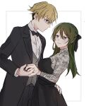  1boy 1girl black_bow black_bowtie black_dress black_suit blonde_hair bow bowtie commentary_request dress fenfenfen_naku formal glasses grey_vest hair_bow hair_down hand_on_another&#039;s_hip highres holding_hands land_(sousou_no_frieren) long_sleeves shirt short_hair simple_background smile sousou_no_frieren suit traditional_bowtie ubel_(sousou_no_frieren) upper_body vest violet_eyes white_background white_shirt 