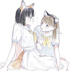  2girls all_fours animal_ear_hairband animal_ears black_hair black_hairband blunt_bangs blunt_ends braid brown_hair brown_hairband cat_ear_hairband cat_ears center-flap_bangs commentary dress eye_contact fake_animal_ears fake_tail fox_ears fox_tail green_eyes hairband hasu_no_sora_school_uniform highres invisible_chair kachimachi_kosuzu link!_like!_love_live! long_hair looking_at_another love_live! m1x_mix momose_ginko multiple_girls nyan pink_eyes puffy_short_sleeves puffy_sleeves school_uniform short_hair short_sleeves side_ahoge side_braids simple_background sitting straight_hair summer_uniform sweatdrop tail virtual_youtuber white_background white_dress 