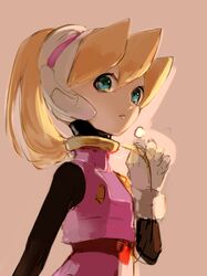  1girl absurdres adjusting_hair black_bodysuit blonde_hair blue_eyes bodysuit bodysuit_under_clothes ciel_(mega_man) high-waist_skirt high_ponytail highres long_hair mega_man_(series) mega_man_zero_(series) omochi_(mochi_skymega) pink_helmet pink_shirt pink_skirt shirt sketch skirt solo upper_body 