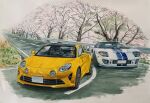  2boys absurdres alpine_(carmaker) alpine_a110 baseball_cap car driving ford ford_gt hat highres igunuk looking_to_the_side motor_vehicle multiple_boys original outdoors sports_car traditional_media tree vehicle_focus white_car white_hat yellow_car 