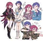  &gt;_&lt; 2girls :d annoyed bad_id bad_pixiv_id black_footwear black_jacket blue_eyes blue_hair blue_jacket blue_necktie boots camouflage camouflage_shirt closed_mouth collared_shirt cropped_torso crossed_arms ensemble_stars! fang food full_body fushimi_yuzuru genderswap genderswap_(mtf) glasses gloves grey_jacket hair_between_eyes hand_on_own_hip hand_up headset high_heel_boots high_heels highres jacket knee_boots long_hair long_sleeves looking_at_another looking_at_viewer meremero mole mole_under_eye multiple_girls multiple_views necktie open_mouth own_hands_together pants pudding puff_of_air purple_hair saegusa_ibara school_uniform shirt shirt_tug shuetsu_school_uniform skirt smile standing translation_request v-shaped_eyebrows violet_eyes white_background white_gloves white_jacket white_pants white_shirt white_skirt yumenosaki_school_uniform 