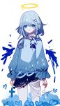  1girl artist_name bandaged_neck bandages blue_eyes blue_hair blue_shirt character_request copyright_request cowboy_shot crying crying_with_eyes_open halo highres long_hair long_sleeves sheya shirt signature simple_background solo standing tears white_background 