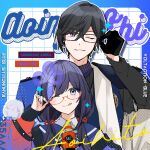  1boy 1girl :3 :p adjusting_eyewear black-framed_eyewear black_gloves black_hair black_shirt blue_eyes blue_jacket blue_neckerchief blue_sailor_collar character_name collared_shirt gloves grin hair_between_eyes height_difference highres jacket long_hair long_sleeves looking_at_viewer low_twintails neckerchief nijisanji off_shoulder one_eye_closed ponto_nei ponto_nei_(1st_costume) red-framed_eyewear sailor_collar school_uniform shikinagi_akira shikinagi_akira_(1st_costume) shirt short_hair smile srkm_ice tongue tongue_out twintails violet_eyes virtual_youtuber 