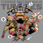  4boys absurdres copyright_name donatello_(tmnt) dual_wielding highres holding holding_sword holding_weapon katana leonardo_(tmnt) male_focus mask michelangelo_(tmnt) mixed-language_commentary multiple_boys ninja nunchaku raphael_(tmnt) rariatto_(ganguri) sai_(weapon) smile staff sword teenage_mutant_ninja_turtles teenage_mutant_ninja_turtles_(80s) turtle weapon white_eyes 