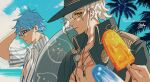  2boys beach blue_eyes blue_hair blue_sky commission english_commentary fate/grand_order fate_(series) food glasses glint green_jacket hans_christian_andersen_(adult)_(fate) hans_christian_andersen_(fate) hat holding holding_food holding_popsicle jacket jewelry key key_necklace male_focus mashugure multiple_boys necklace open_clothes open_jacket open_shirt outdoors palm_tree popsicle shirt skeb_commission sky striped_clothes striped_shirt tree white_hair yellow_eyes 