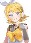 1girl absurdres bare_shoulders blonde_hair blue_eyes blush bow bowtie detached_sleeves diamond-shaped_pupils diamond_(shape) grin hair_bow hair_ornament hairclip hand_up head_tilt headphones highres inuyama_(1109) kagamine_rin looking_at_viewer medium_hair neckerchief sailor_collar shirt simple_background smile solo spiky_hair swept_bangs symbol-shaped_pupils upper_body vocaloid white_background white_shirt yellow_neckerchief yellow_trim 