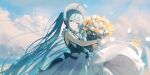  1girl absurdly_long_hair absurdres ahoge aqua_eyes aqua_hair black_bow black_bowtie bonnet bouquet bow bowtie closed_mouth clouds cloudy_sky commentary cowboy_shot day deog3 dress hair_between_eyes hatsune_miku highres holding holding_bouquet huge_ahoge light_smile long_hair long_sleeves looking_at_viewer miku_day miku_symphony_(vocaloid) outdoors sky sleeveless sleeveless_dress solo standing very_long_hair white_dress 