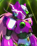  1boy android armor chest_jewel cowboy_shot eye_trail forehead_jewel green_eyes guutara helmet light_trail looking_at_viewer male_focus mega_man_(series) mega_man_x_(series) pink_hair purple_armor purple_helmet shoulder_armor signature smirk solo twitter_username zero_nightmare_(mega_man) 