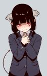  1girl aged_down bandaid bandaid_on_hand black_hair blue_cardigan blush cardigan closed_mouth demon_girl demon_horns demon_tail facial_mark grey_background hime-sama_&quot;goumon&quot;_no_jikan_desu hirakei horns long_hair looking_at_viewer low_twintails official_art own_hands_together pointy_ears red_eyes red_ribbon ribbon school_uniform shirt simple_background slit_pupils tail torture_tortura twintails upper_body white_shirt 