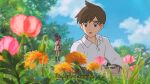  2boys arms_at_sides boots brown_eyes brown_footwear brown_hair buttons clouds collared_shirt commentary day florian_(pokemon) flower highres karigurashi_no_arrietty kieran_(pokemon) long_sleeves looking_down male_focus multicolored_hair multiple_boys open_mouth orange_flower outdoors pink_flower pokemon pokemon_sv purple_hair shirt short_hair shorts sky sleeveless sleeveless_shirt submashell subtitled symbol-only_commentary two-tone_hair white_bag white_shirt white_shorts 
